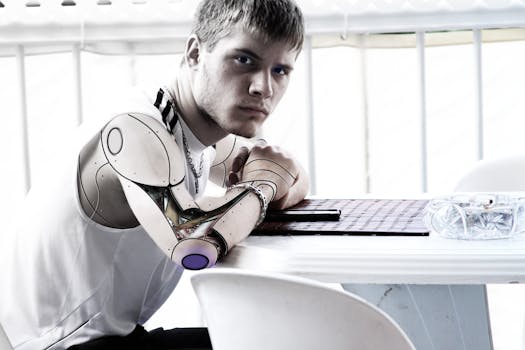 Man With Steel Artificial Arm Sitting in Front of White Table