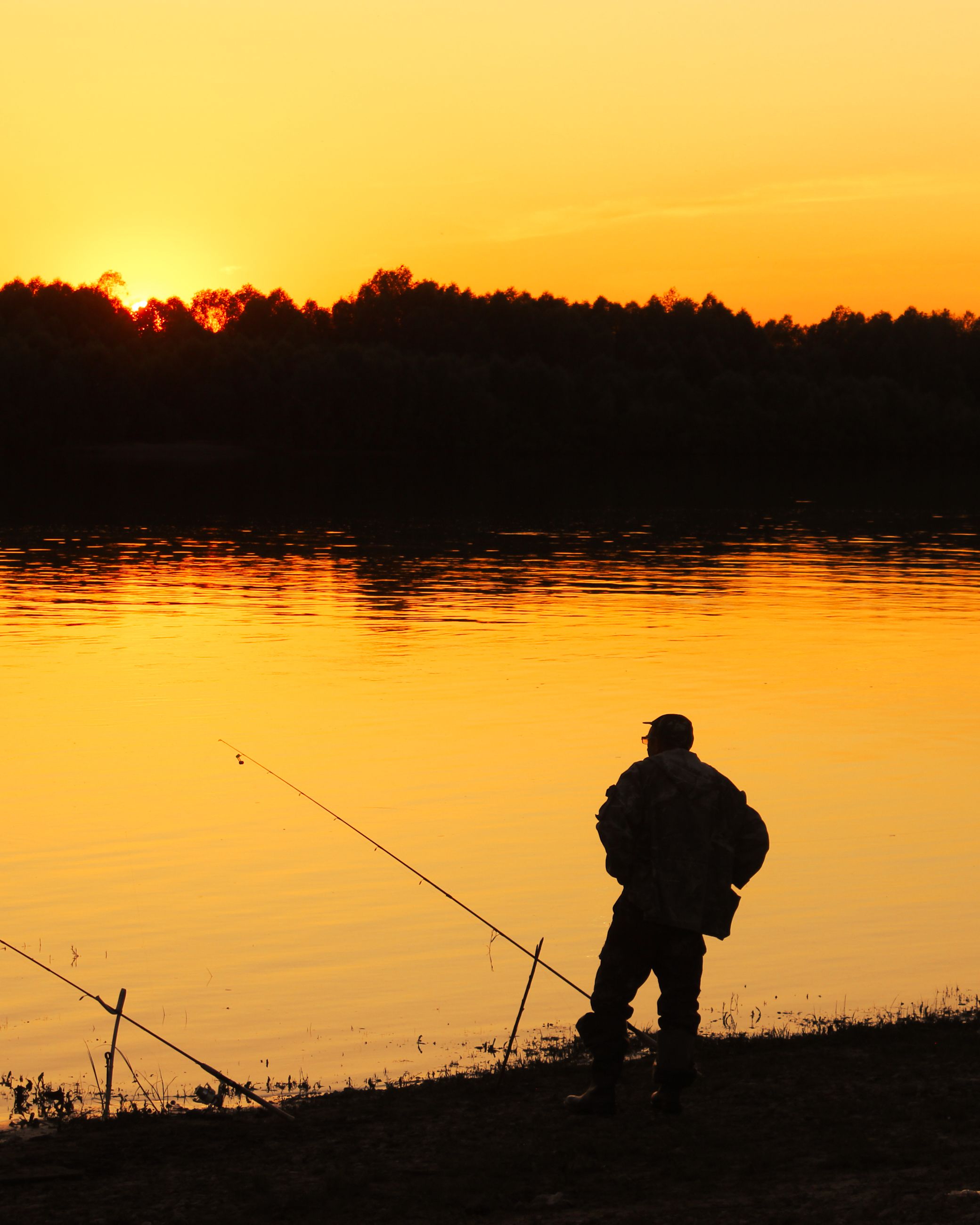 A silhouette of a man fishing by a lake during a serene sunset with golden reflections on the water.