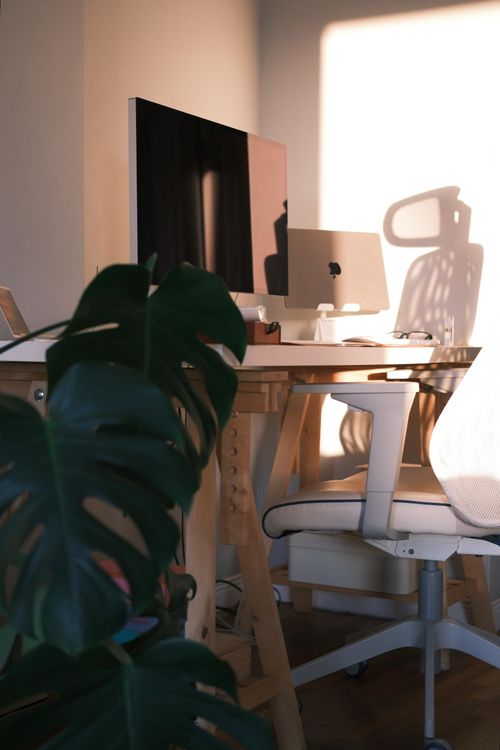 Free Stylish home office with desk, computer, chair, and plant in warm evening light. Stock Photo