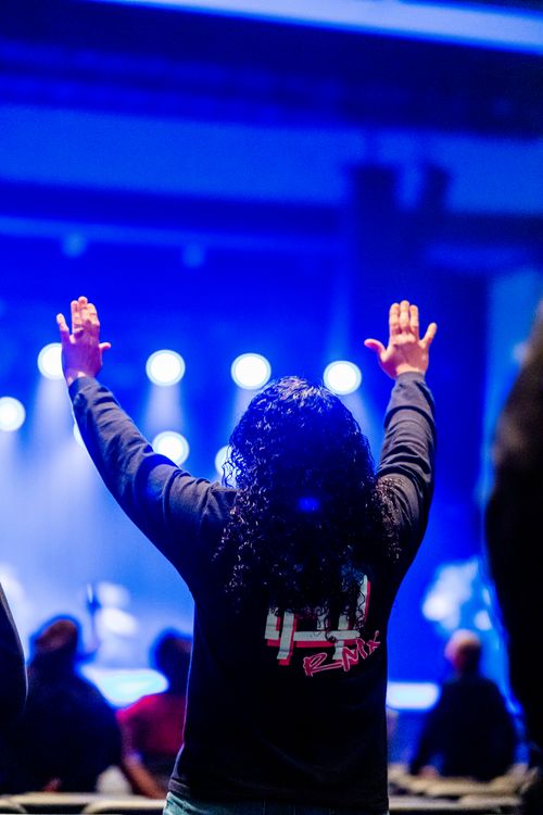 Free A lively concert audience member raises hands, enveloped in vibrant stage lights. Stock Photo