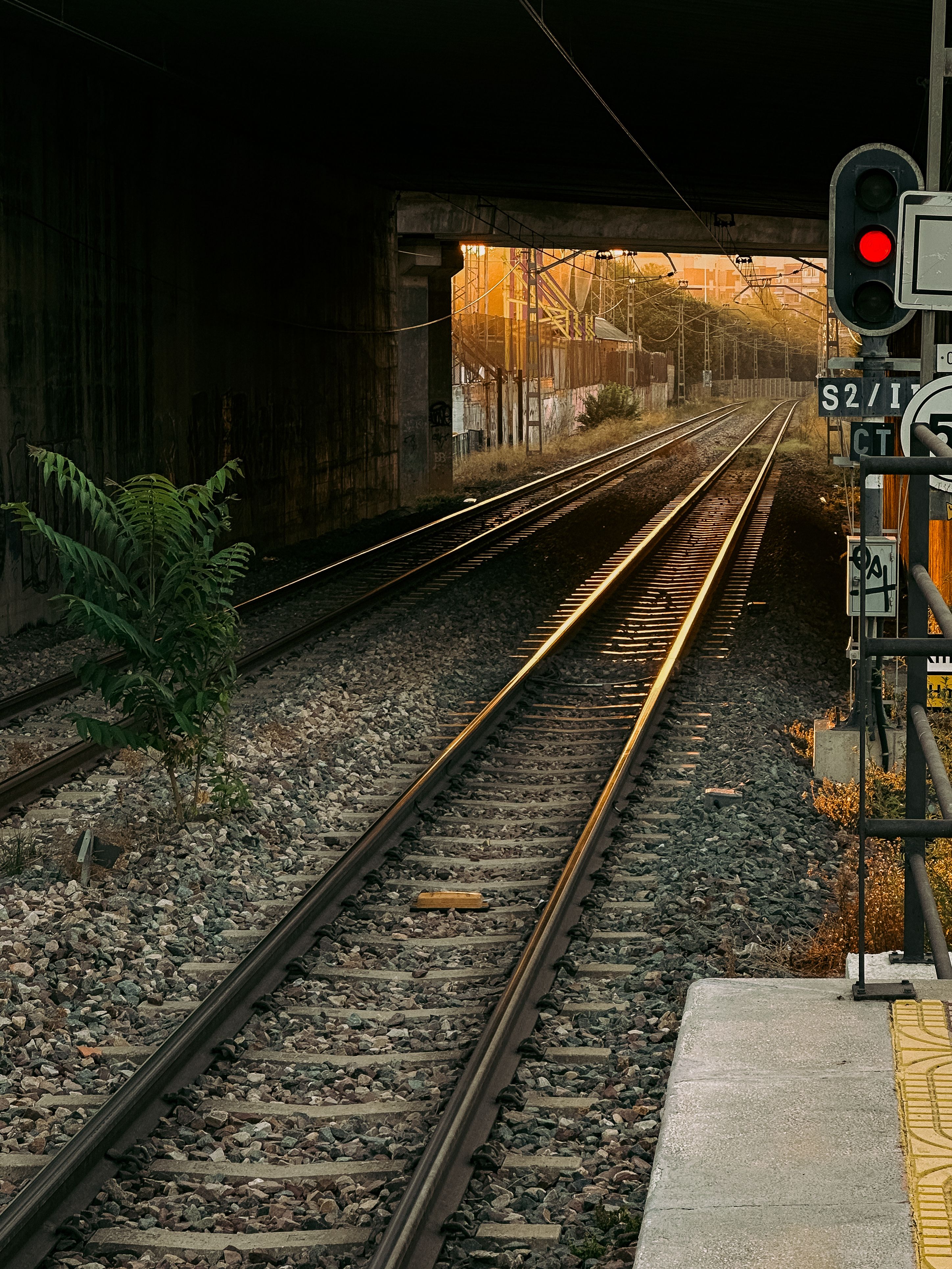 Sunlit railway tracks leading into a tunnel during sunset in Spain.