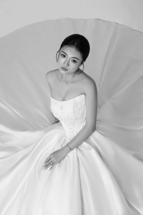 Free Black and white portrait of a bride in an elegant gown, serene and poised. Stock Photo