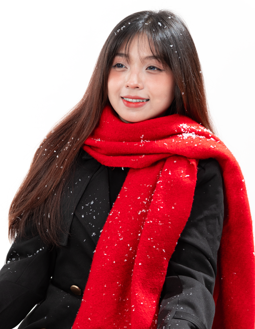 Free Smiling woman in winter coat and red scarf with snowflakes on her hair. Perfect for winter-themed projects. Stock Photo