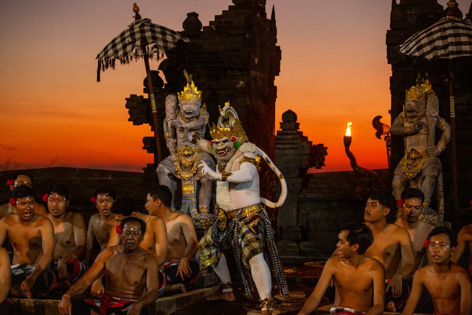 Kecak dance performance at sunset in Bali, showcasing traditional Balinese culture and art.