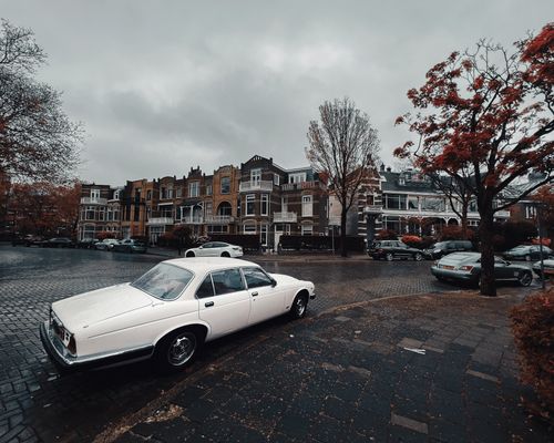 Free Classic car parked in a charming Dutch neighborhood on a rainy day with autumn leaves. Stock Photo