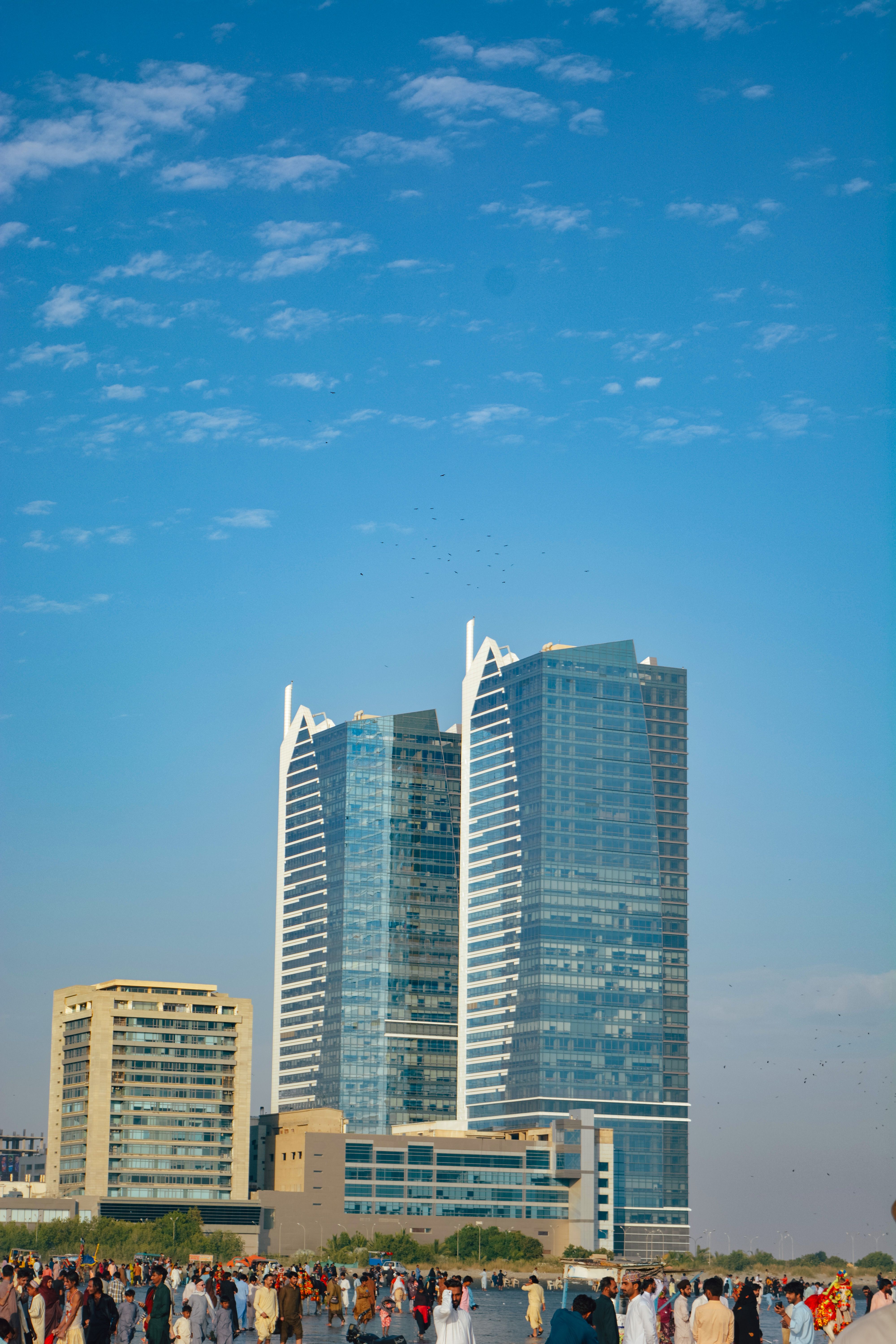 Modern high rise buildings in Karachi against a clear sky