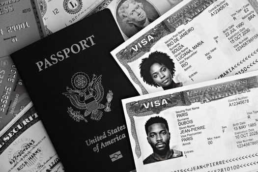 A close-up of US passport with visas and currency, implying travel theme.