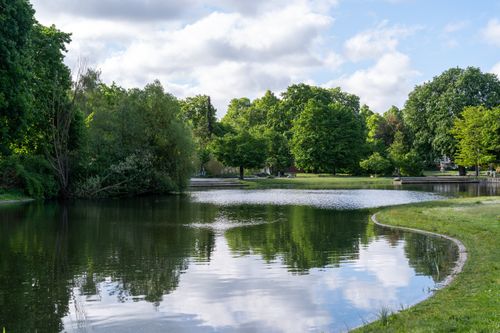 Free A serene urban park featuring a reflective pond surrounded by lush greenery and clear skies. Stock Photo