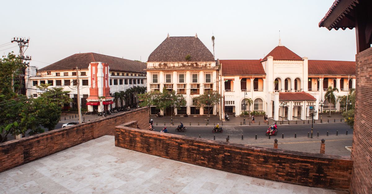 Historic buildings at sunset in Semarang Old Town with vibrant colonial architecture.