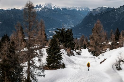 A solitary trekker in a vibrant jacket traverses a snowy mountain path amidst a winter wilderness.