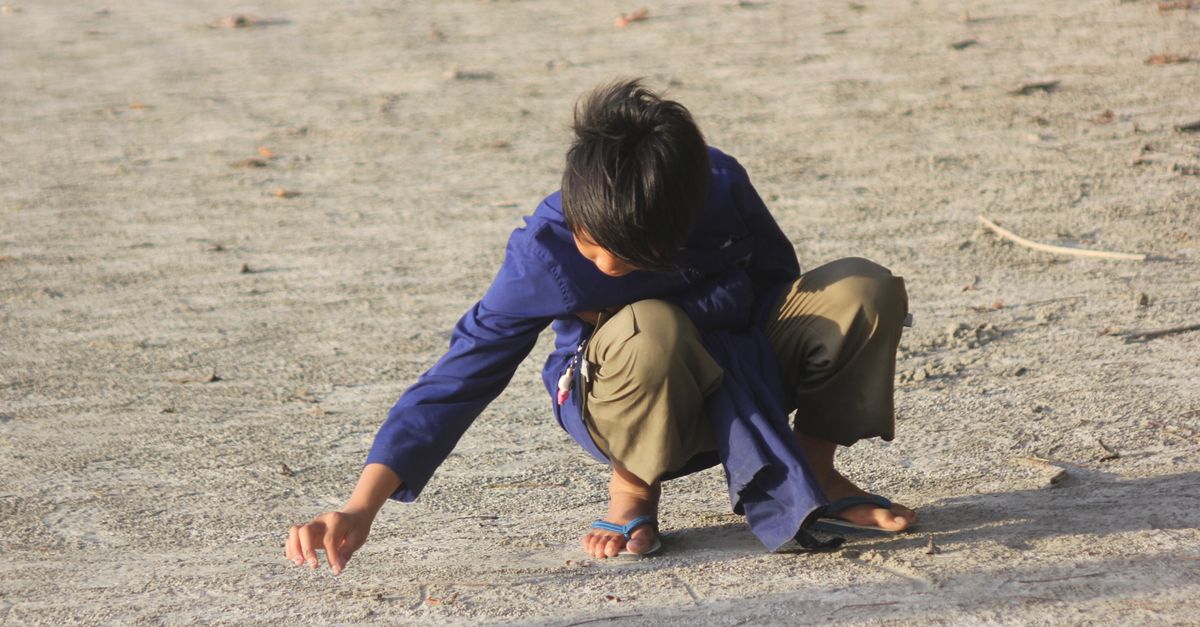 A young child in casual clothes squats on a sandy ground, picking something up in daylight.