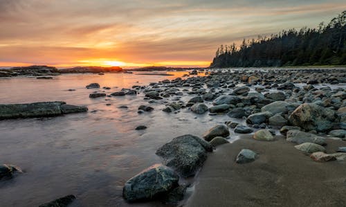 бесплатная Скалистый берег с камнями на берегу во время заката Стоковое фото