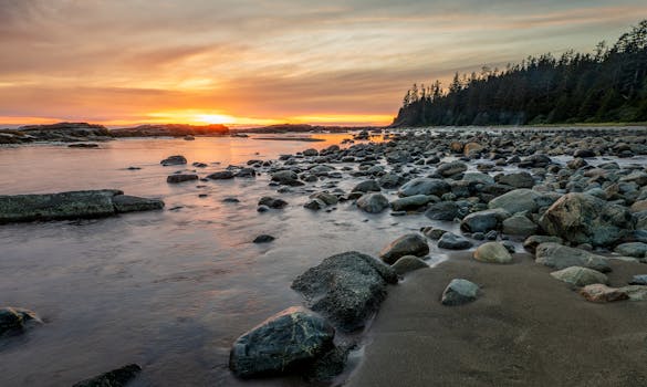 Beautiful sunset over a rocky beach in Vancouver Island with serene waves and vivid skies.