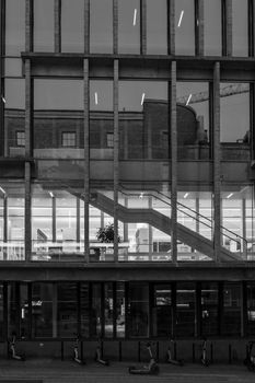 Black and white abstract view of a modern building facade in Göteborg, Sweden.