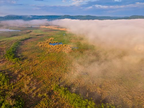 Free Explore the serene beauty of mist-covered wetlands in Kellogg, Minnesota captured in an aerial perspective. Stock Photo