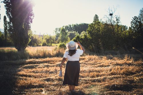 Free Woman in a sun hat walking through a sunny field, capturing a serene morning moment. Stock Photo