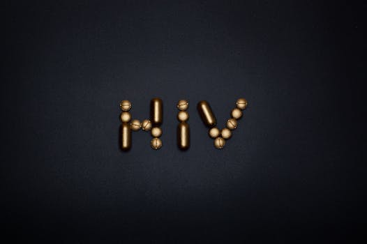 Golden capsules form the word HIV on a dark background, symbolizing healthcare and treatment.