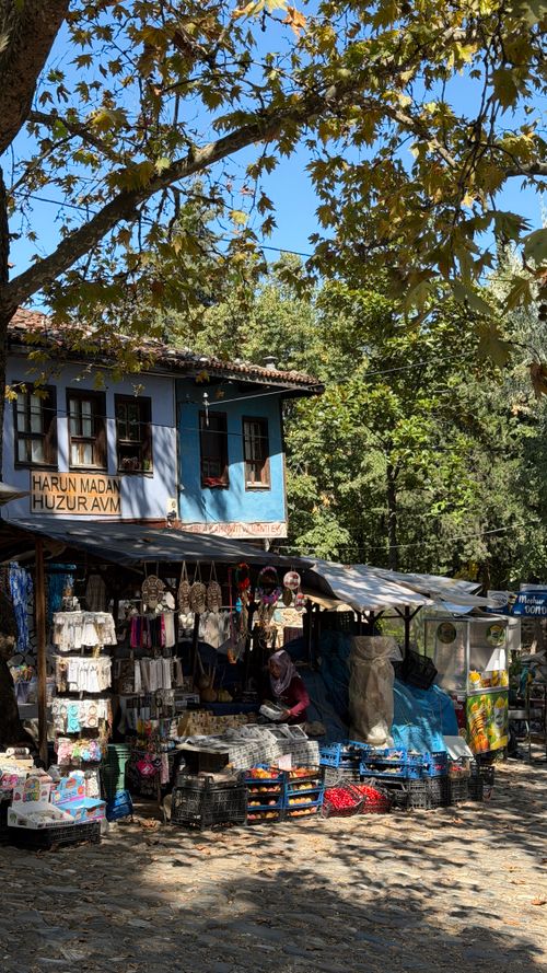 Free Explore a quaint street market in Bursa, Türkiye, showcasing local crafts and vibrant textiles under autumn leaves. Stock Photo