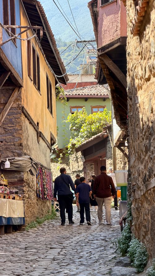 Free Picturesque street in Bursa's historic district with traditional architecture and cobblestone path. Stock Photo