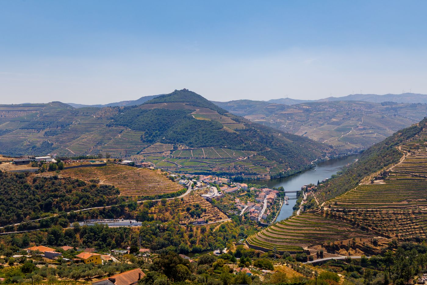 Terraced vineyards and a river winding through the Douro Valley in Portugal