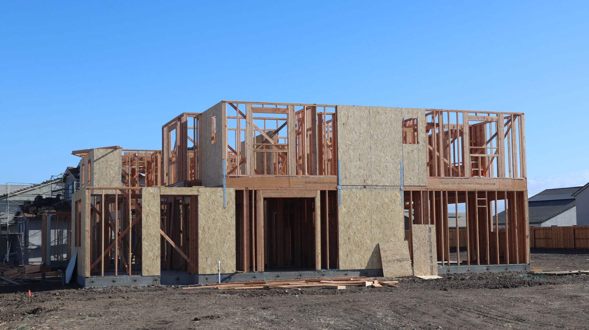 Wooden frame of a new residential house under construction