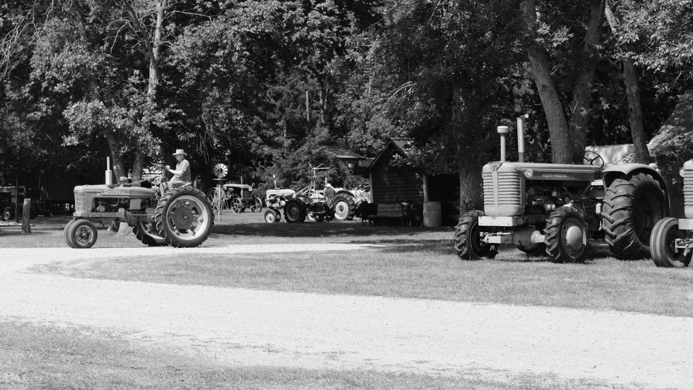 Vintage tractors in black and white