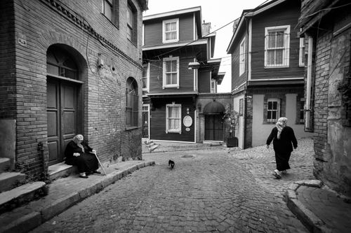 Free Black and white scene of a quaint cobblestone street with two elderly women and a cat. Stock Photo