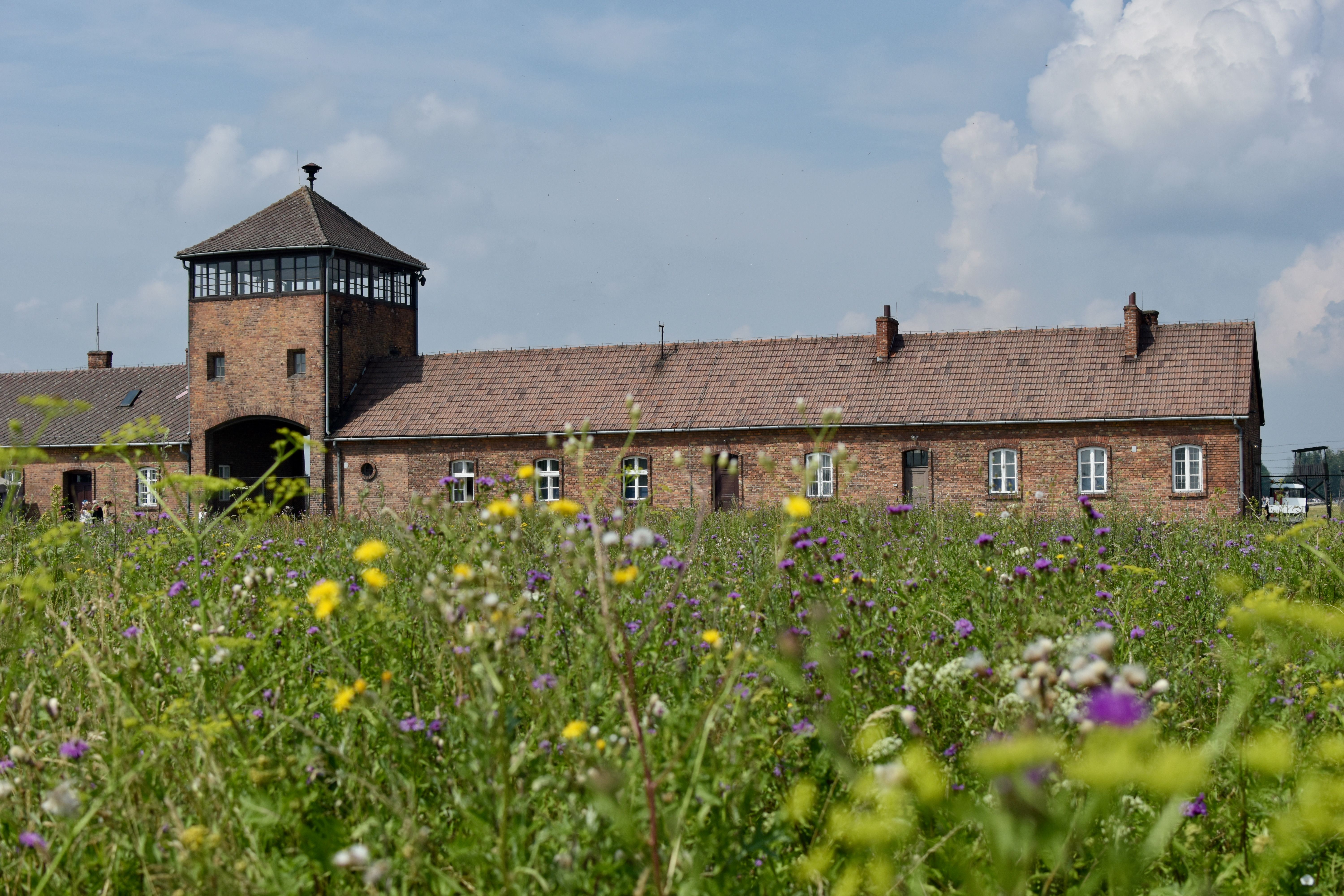 Brick building and watchtower at Auschwitz-Birkenau concentration camp in Poland. Historical and solemn memorial site.