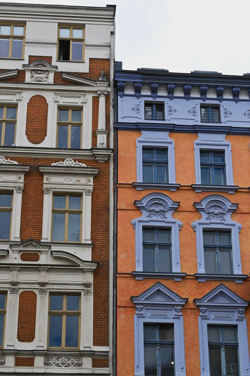 Free Detailed shot of vibrant historic building facades in Berlin, showcasing unique architectural styles. Stock Photo