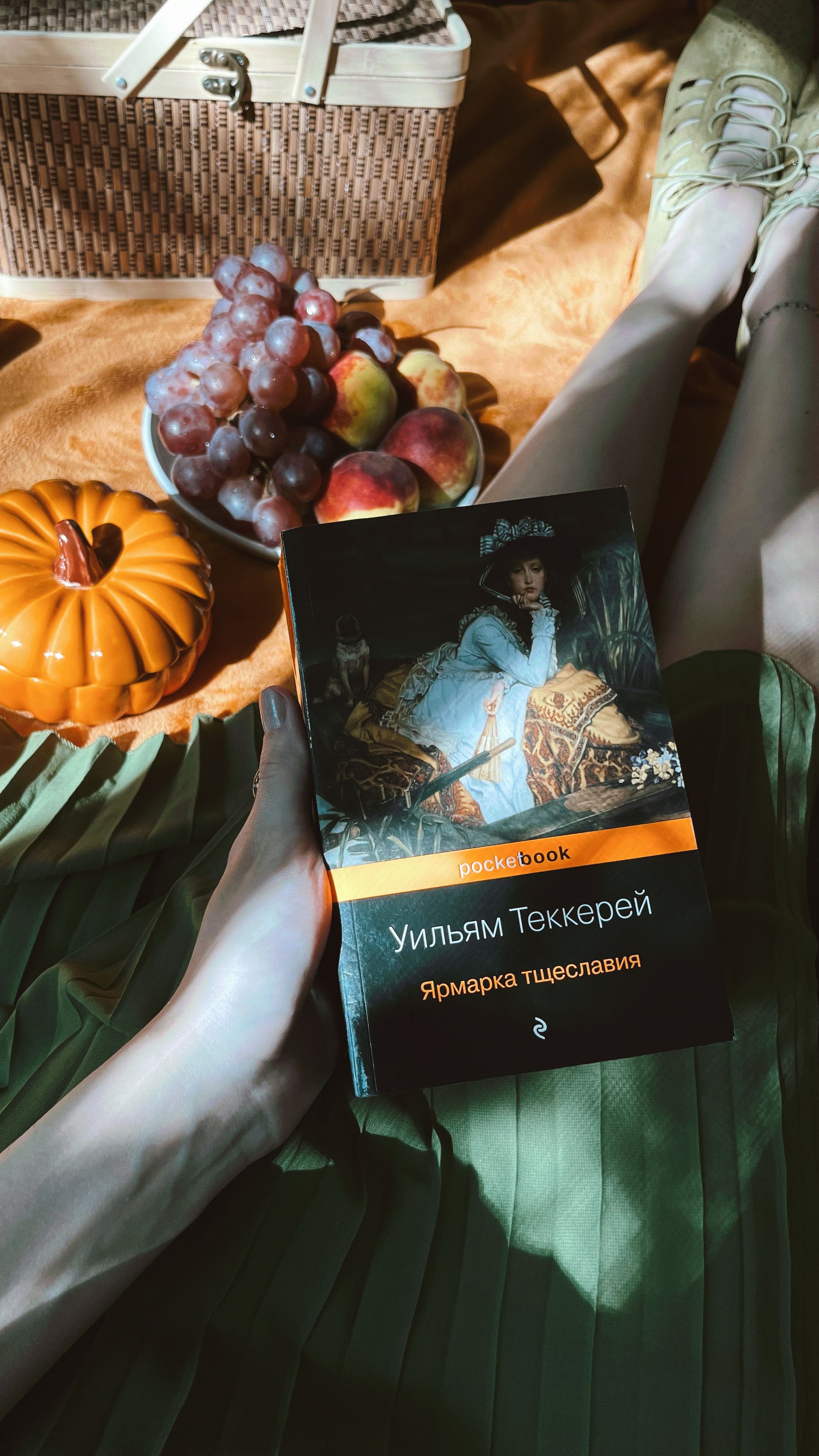 A relaxing outdoor scene featuring a book, fruits, and autumn elements, perfect for a quiet day.