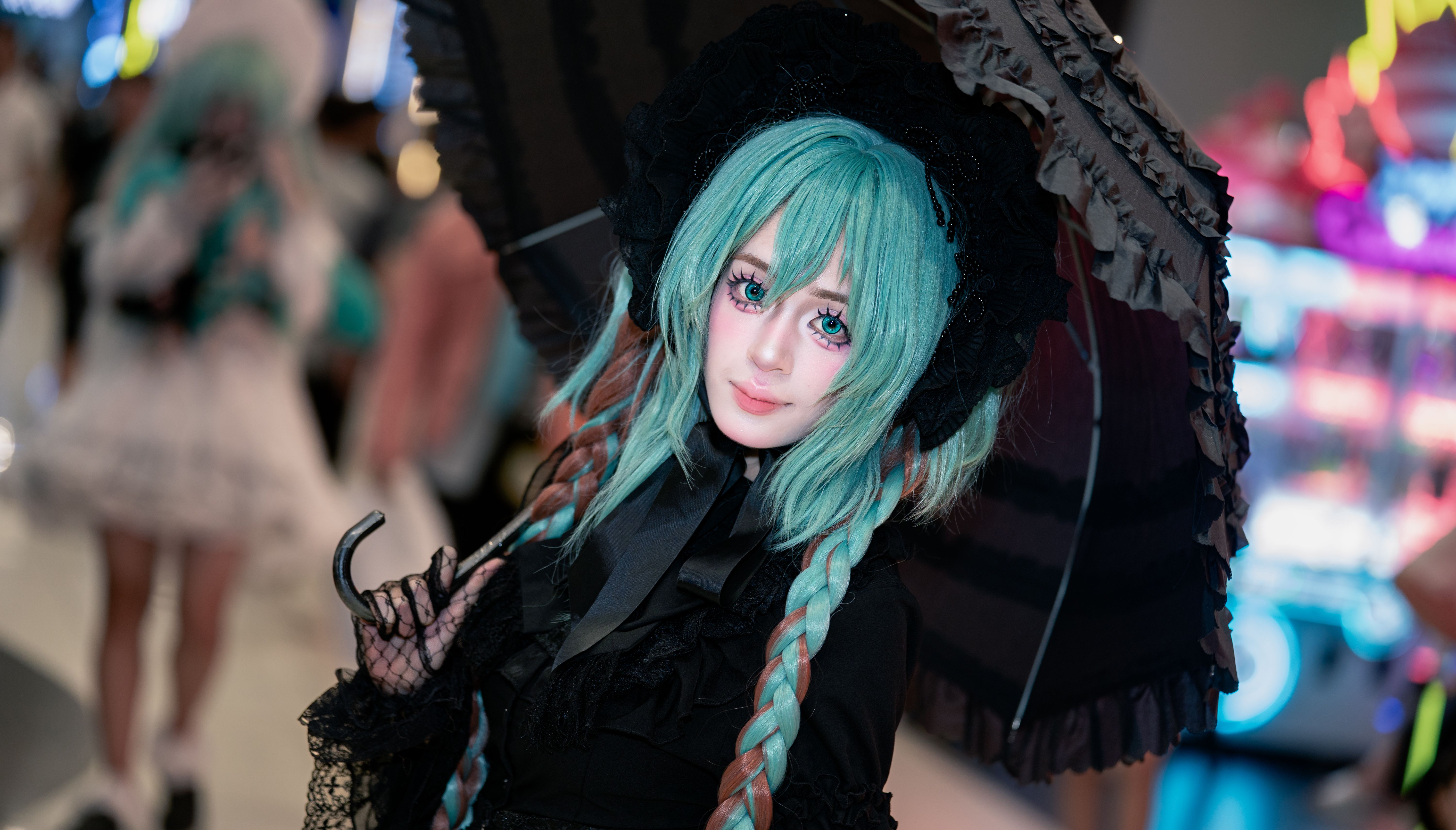 A detailed cosplay portrait featuring an individual wearing green hair and elaborate costume.