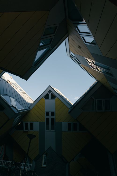 Free A unique upward view of the iconic Cube Houses in Rotterdam, Netherlands. Stock Photo