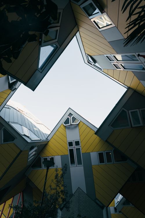 Free Geometric perspective of the iconic Rotterdam Cube Houses in the Netherlands. Stock Photo