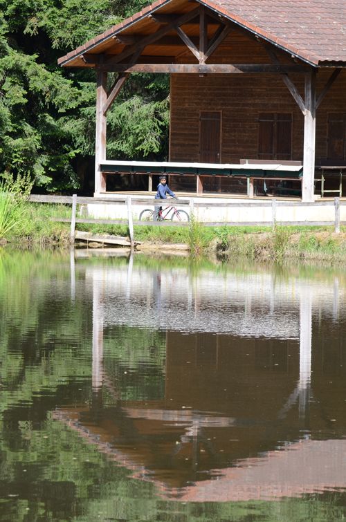 Free A person rides a bicycle near a wooden cabin by a tranquil lake, reflecting summer calm. Stock Photo