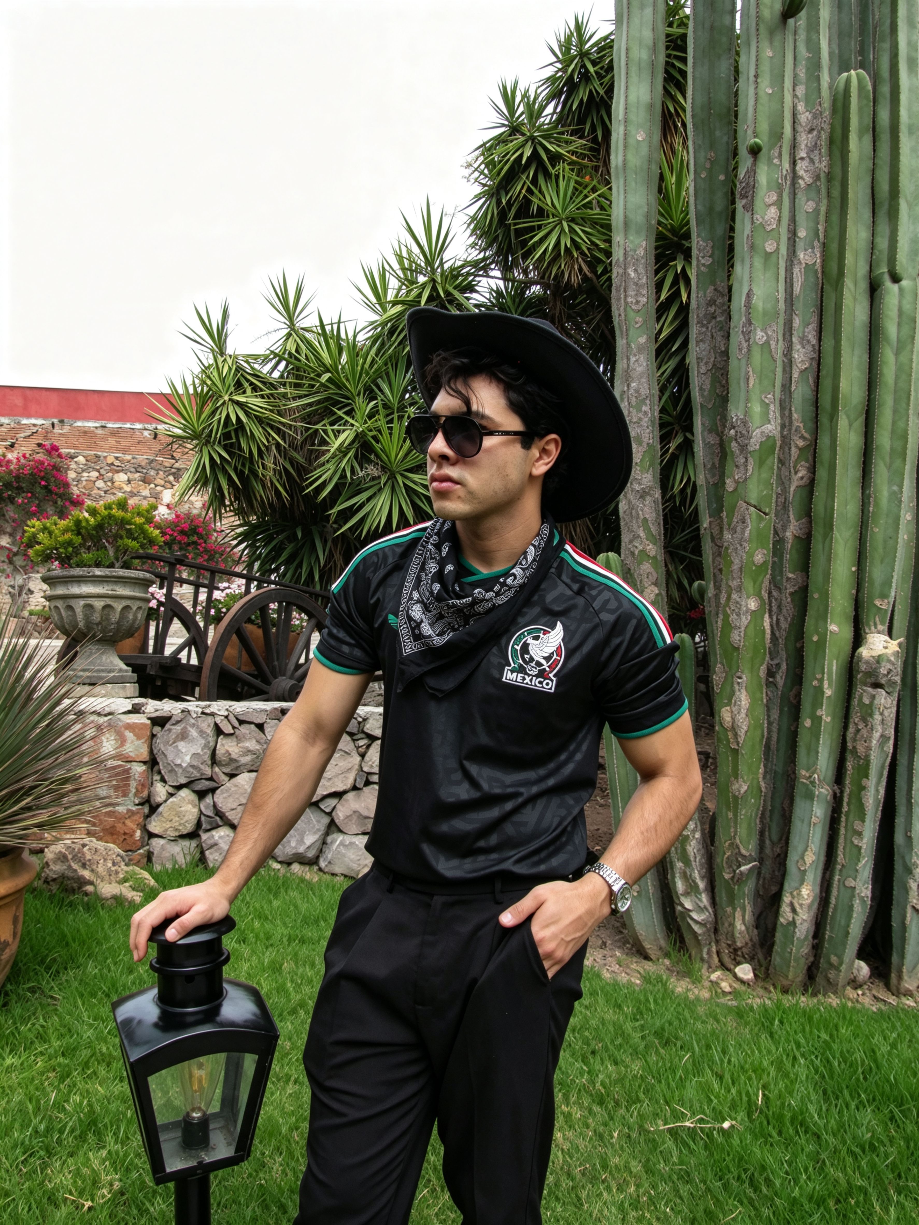 Man in fashionable Mexican attire poses outdoors with cactus backdrop.