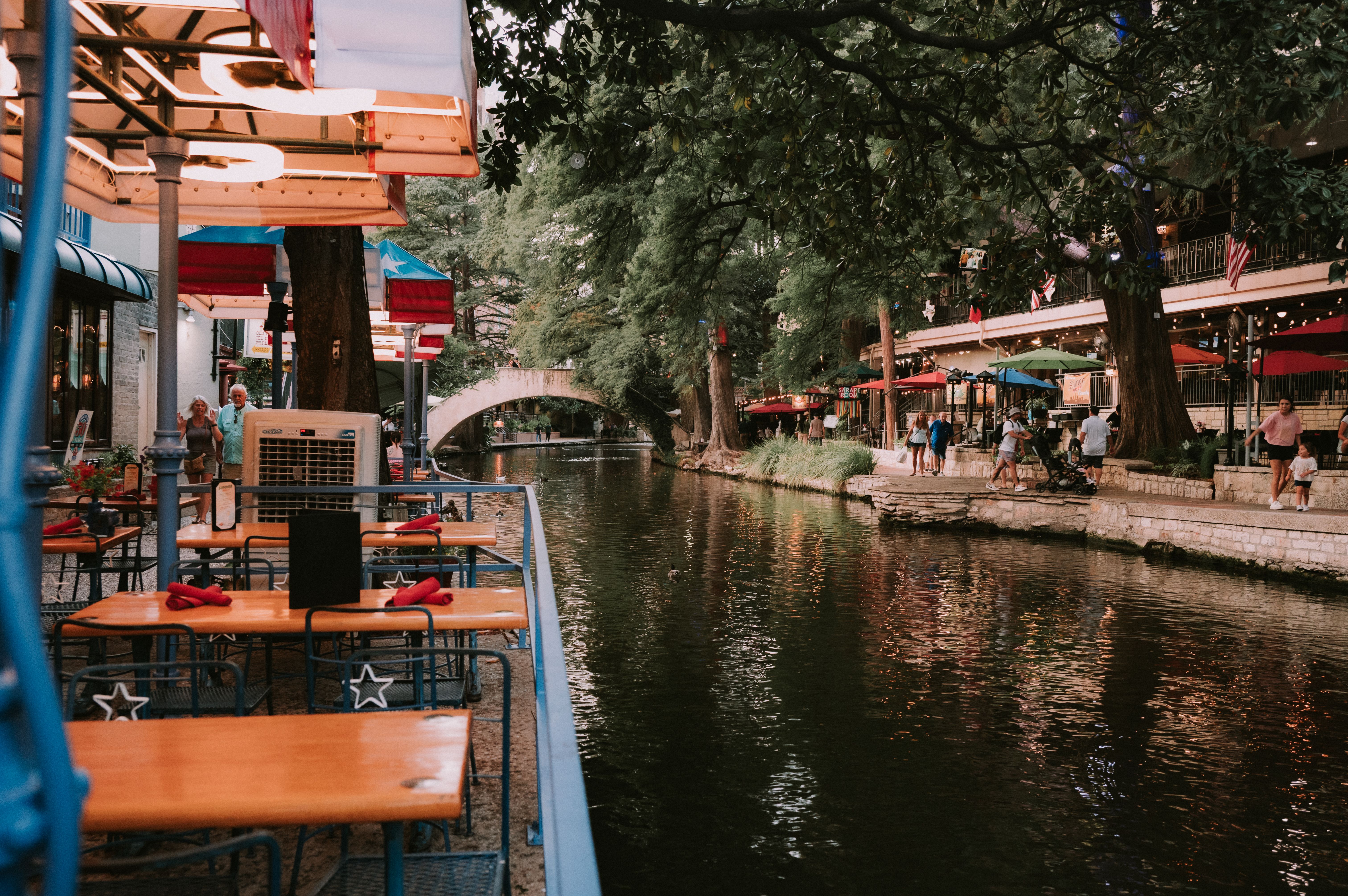 San Antonio River Walk evening dining setup for an outdoor event