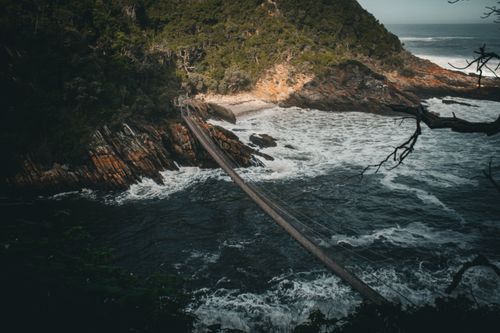 Free Suspension bridge over rugged coastline with crashing waves, surrounded by lush forests. Stock Photo