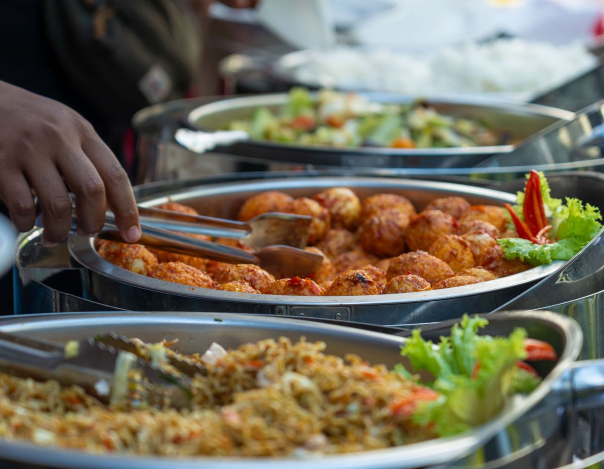 Outdoor buffet with steel serving dishes