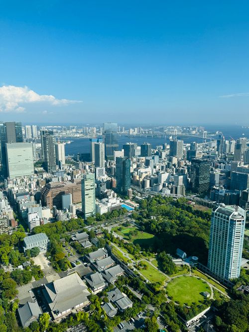 Free A breathtaking aerial view of Tokyo's skyline and lush parks on a clear day. Stock Photo