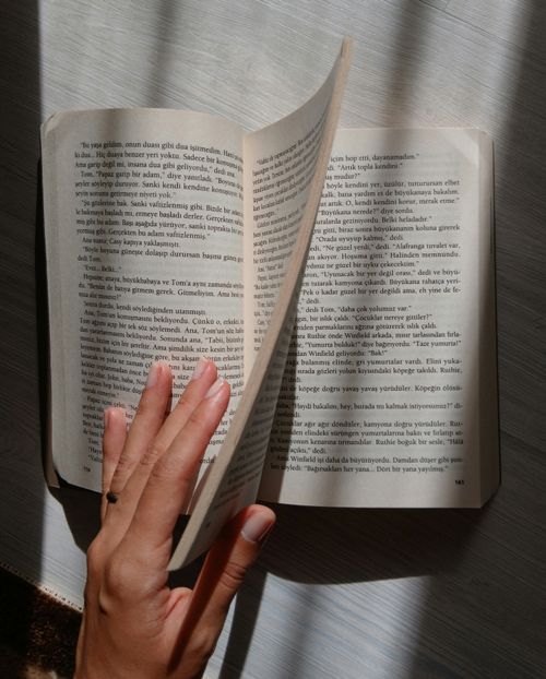 Free A hand gently turning a book page in soft, warm sunlight, casting shadows. Stock Photo
