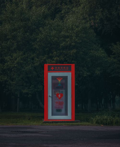 Free A lone red AED station stands in a forest-filled environment, symbolizing emergency preparedness. Stock Photo