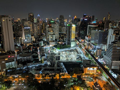 Free Aerial View of City Buildings during Night Time Stock Photo