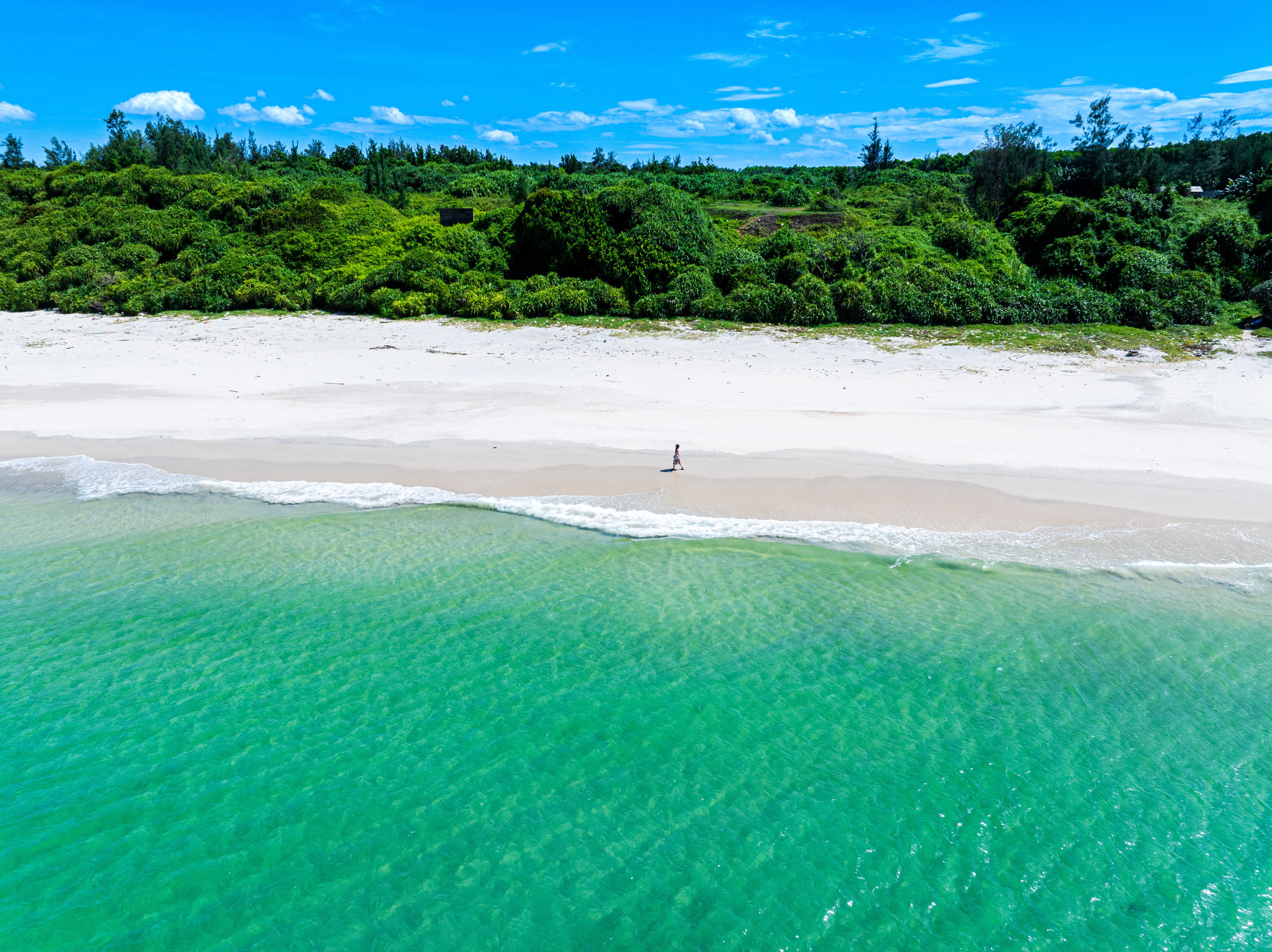 Aerial view of a serene beach with a lone person walking, lush greenery in the background.
