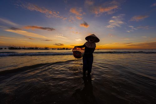Free A silhouetted fisherman stands in the ocean at sunrise, casting a serene scene. Stock Photo