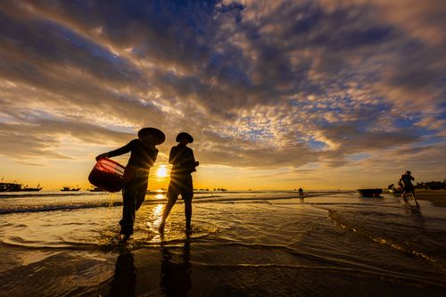 Free Silhouetted fishermen carrying baskets during sunrise on a coastal beach. Stock Photo