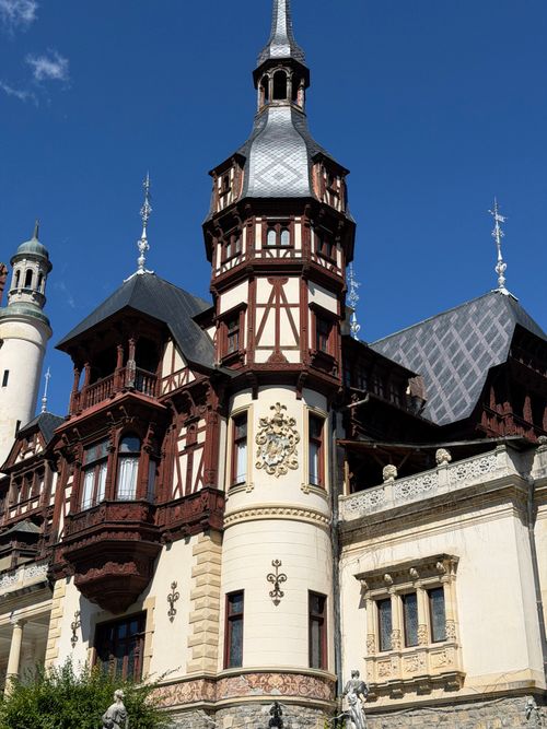 Free Close-up of the stunning architecture of Peles Castle in Sinaia, Romania, showcasing intricate designs. Stock Photo