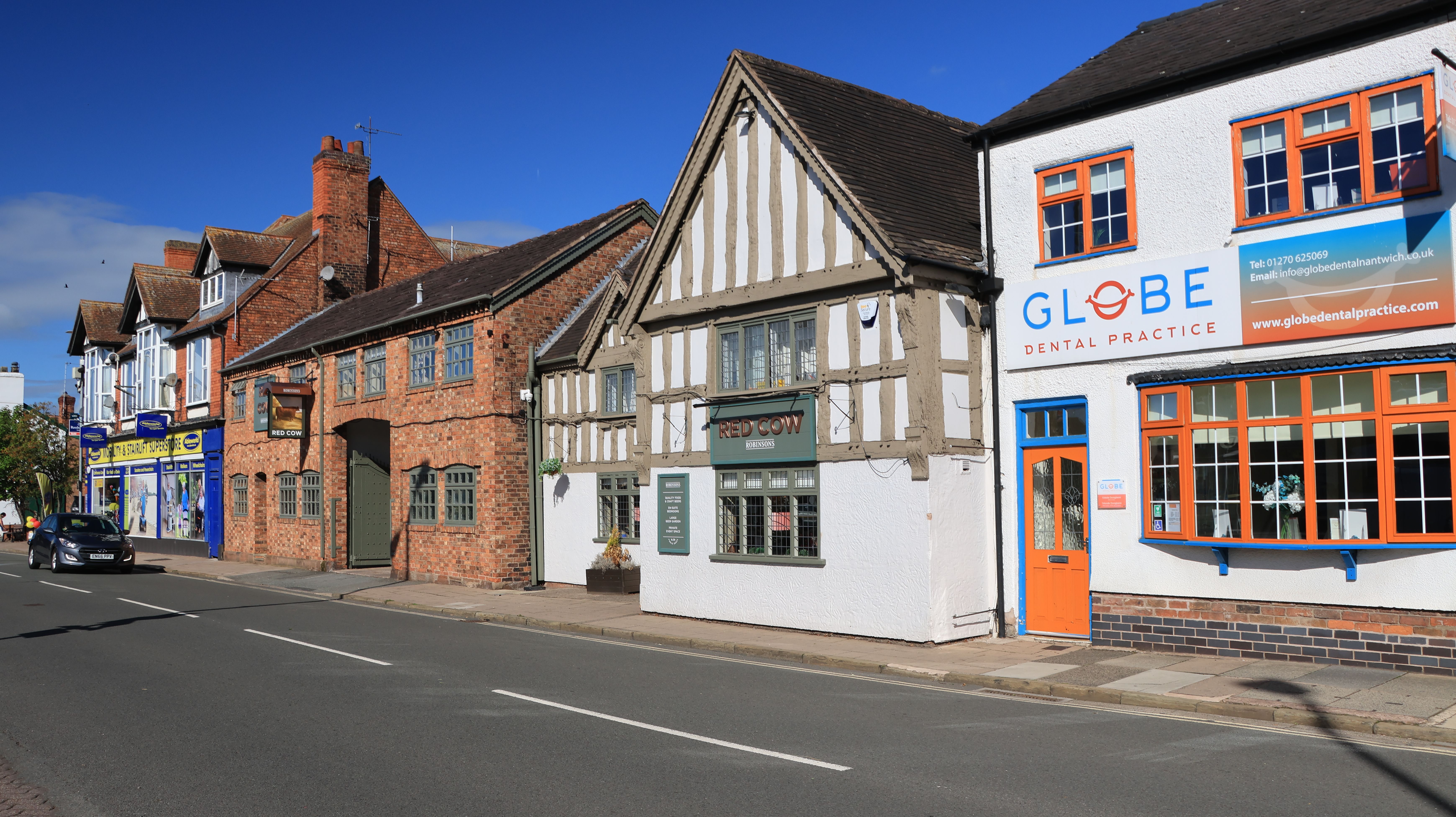 Picturesque street featuring traditional English architecture in Nantwich, UK.