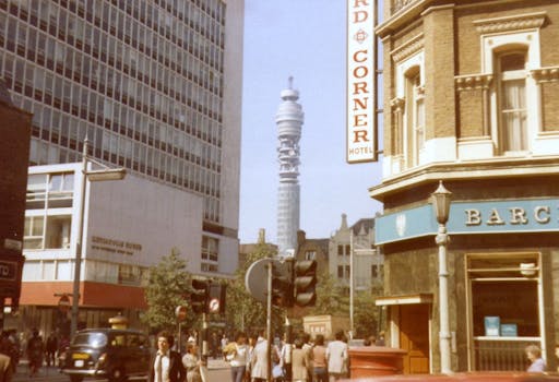Classic London street scene featuring the iconic BT Tower and bustling urban life.