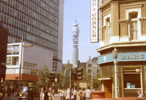 Free Classic London street scene featuring the iconic BT Tower and bustling urban life. Stock Photo