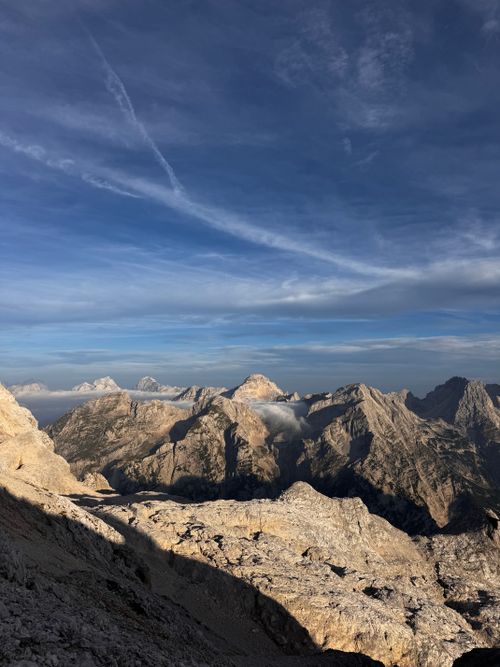 Free A stunning view of the rugged peaks of the Julian Alps under a clear blue sky. Stock Photo